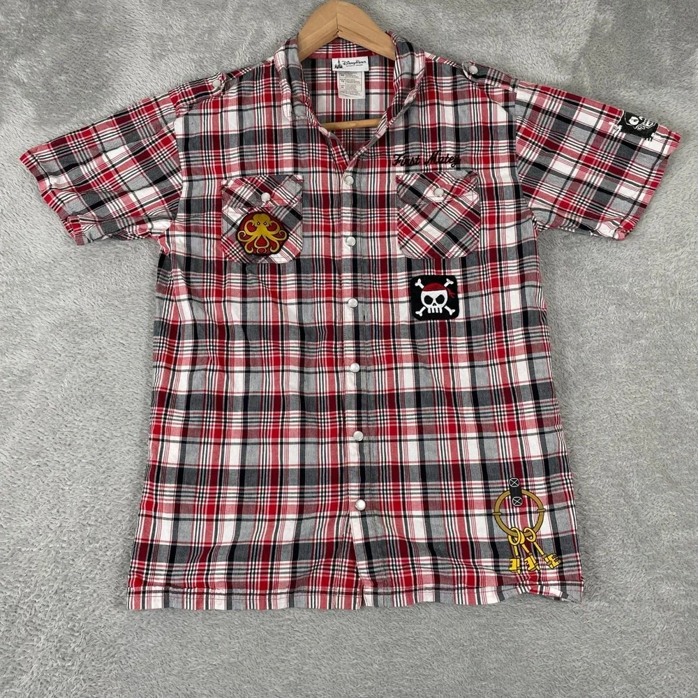 Disney Parks Pirates of the Caribbean Button Down Shirt Kids XL Red Mickey Mouse